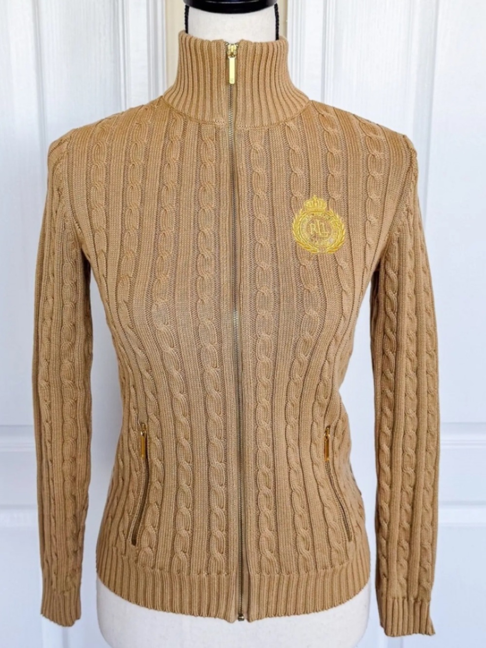 Lauren Ralph Lauren Cable-Knit Full-Zip Sweater Jacket in Camel size S